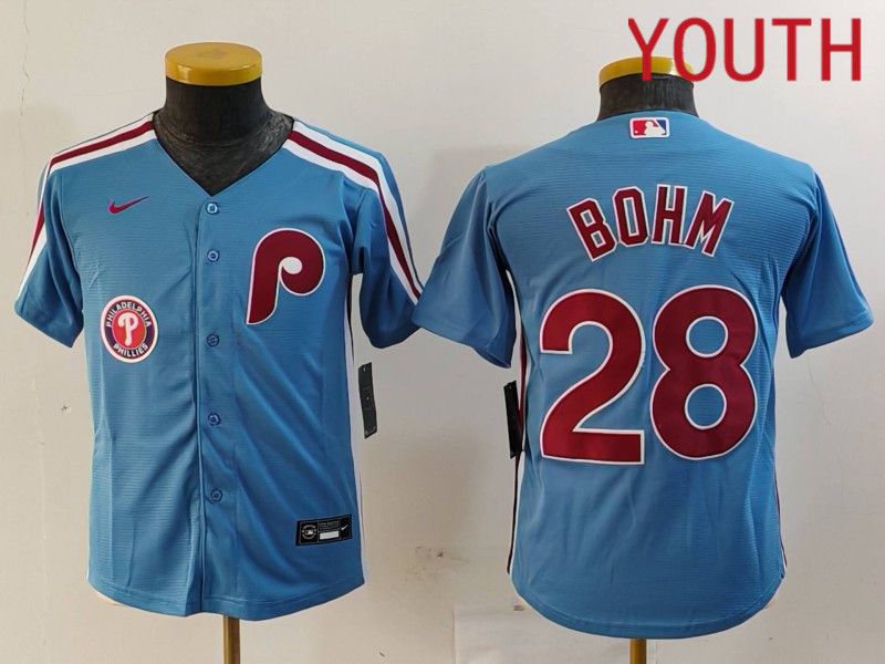 Youth Philadelphia Phillies #28 Bohm Blue Throwback 2024 Nike MLB Jersey style 3